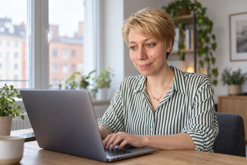 Ursula Stieler in einer grün-weiß gestreiften Bluse bei der Arbeit am Laptop an einem hellen Arbeitsplatz.